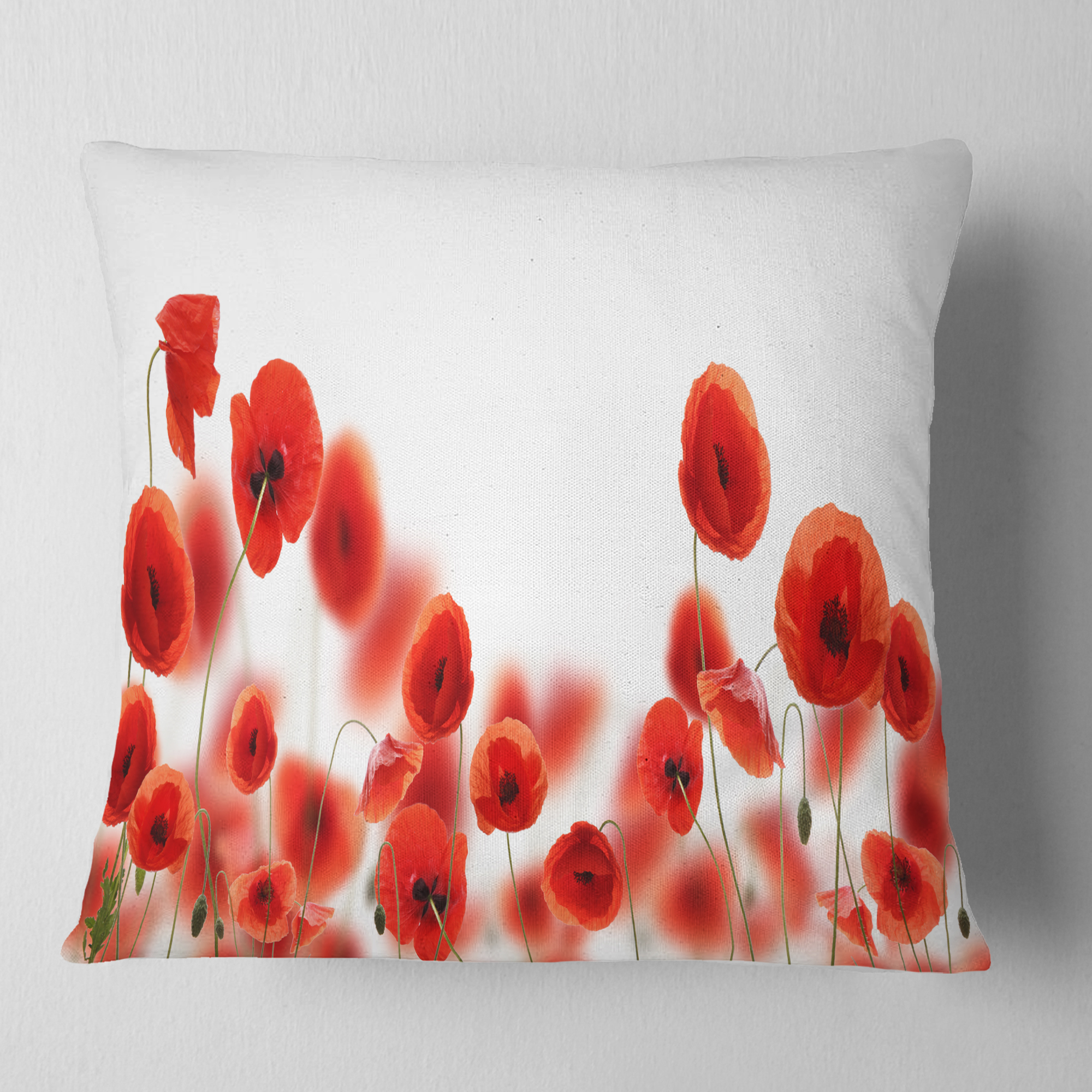 Designart Lovely Poppy Flowers on White - Floral Throw Pillow - 16x16