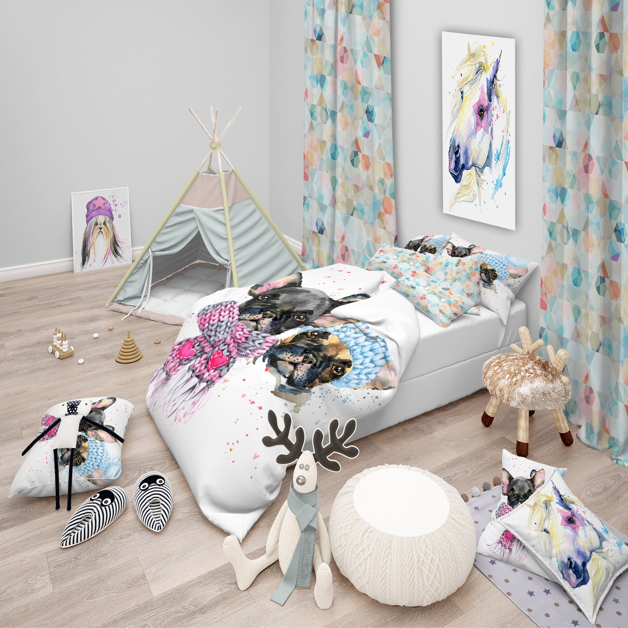Designart 'Lovely Puppies with Neck Shawls' Modern & Contemporary Duvet Cover Set