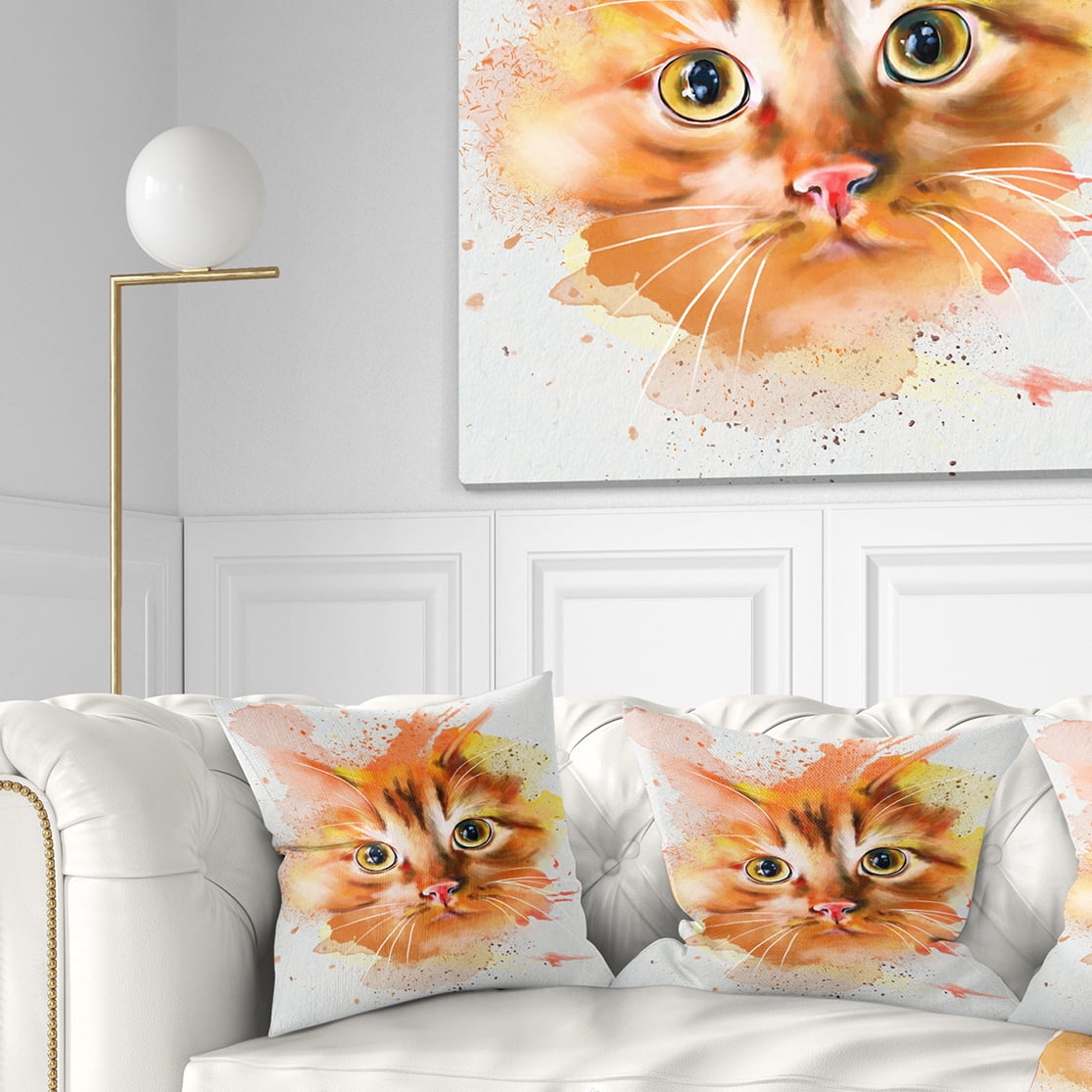 Designart Lovely Red Watercolor Cat - Animal Throw Pillow - 16x16