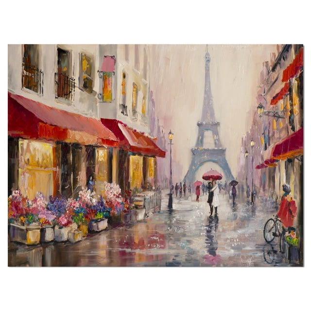 Designart 'Lovers in Paris Eiffel Tower ' Cityscapes Painting Print on ...