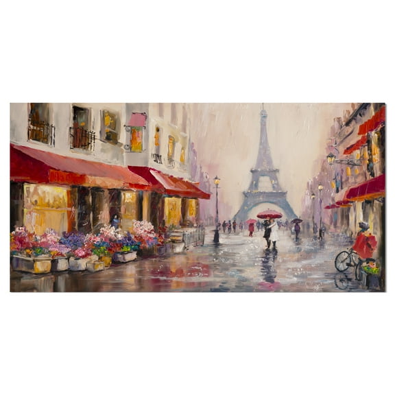 Designart 'Lovers in Paris Eiffel Tower ' Cityscapes Painting Print on Wrapped Canvas