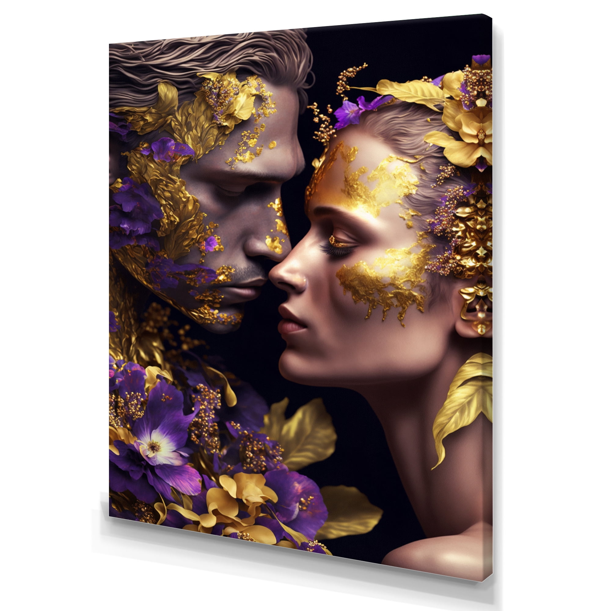 Designart Loving Couple Kissing Floral Design I Canvas Wall Art