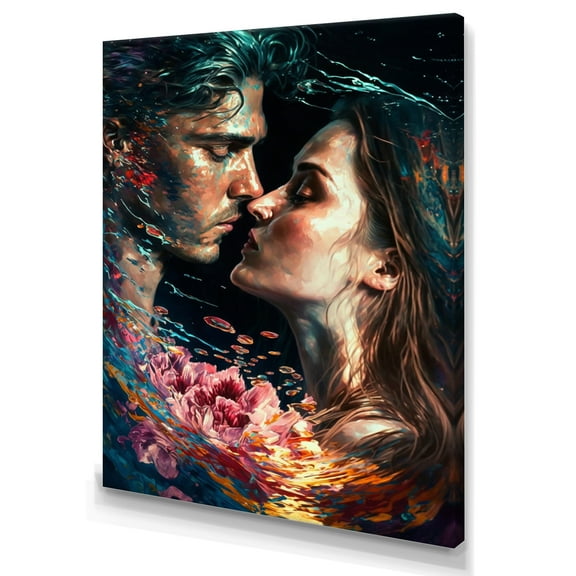 Designart Loving Couple Kissing Floral Design II Canvas Wall Art