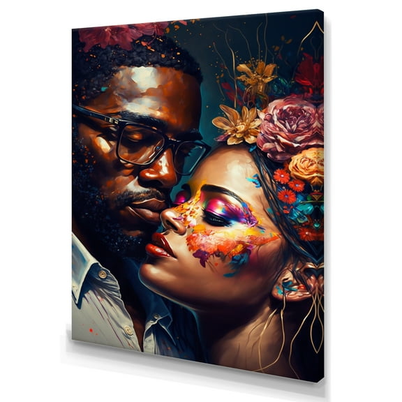 Designart Loving Couple Kissing Floral Design III Canvas Wall Art