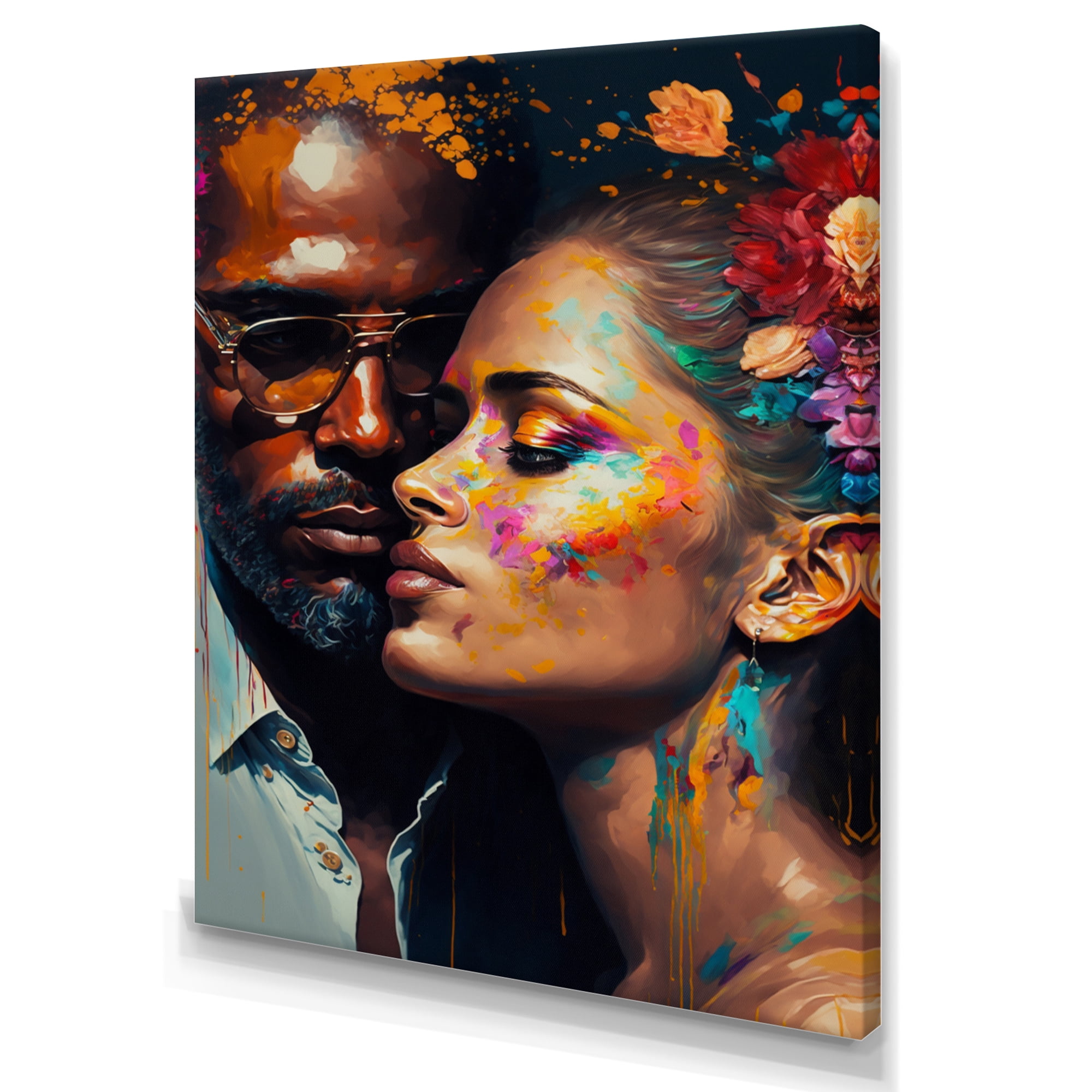 Designart Loving Couple Kissing Floral Design IV Canvas Wall Art