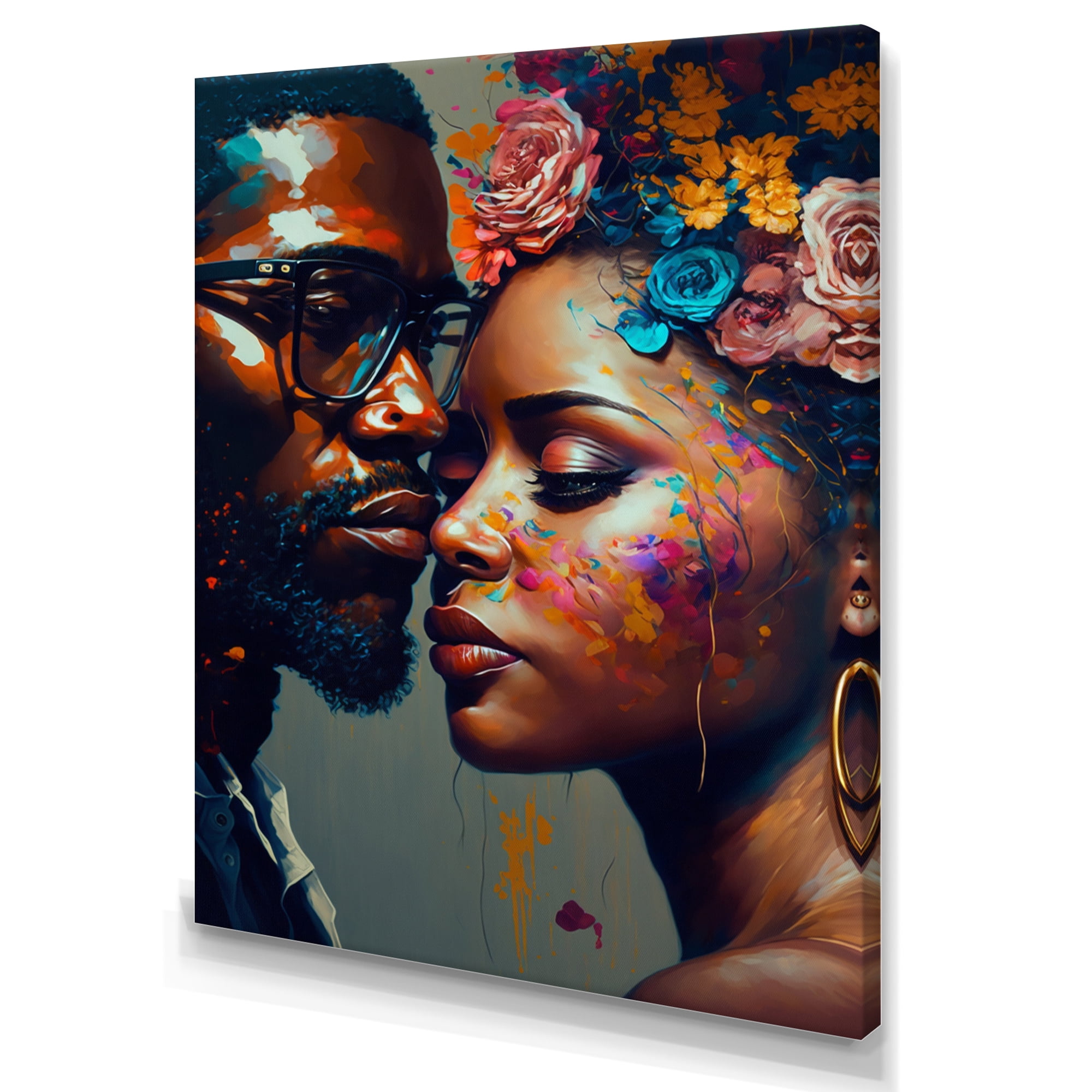 Designart Loving Couple Kissing Floral Design V Canvas Wall Art