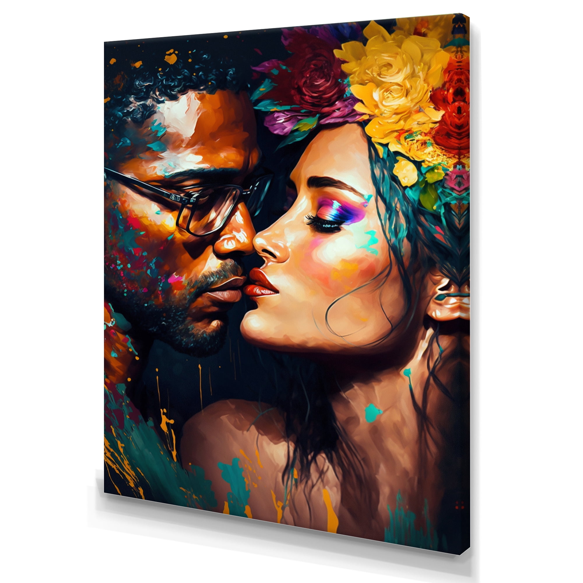 Designart Loving Couple Kissing Floral Design VI Canvas Wall Art