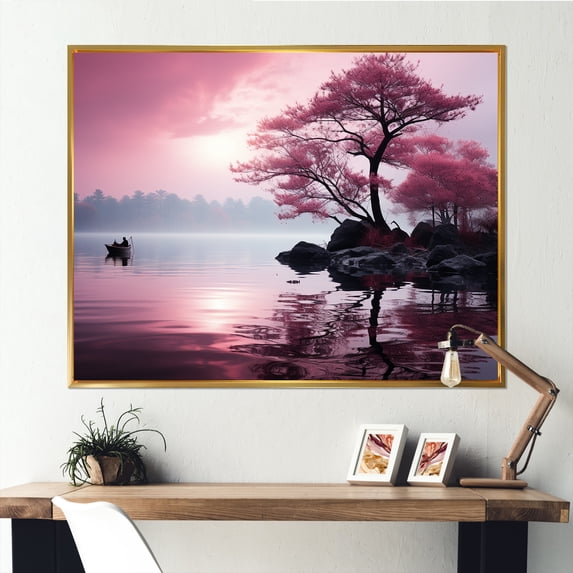 Designart "Lucky Magenta Tree In Japanese Lakeside Scenery" Japan Floater Framed Wall Decor