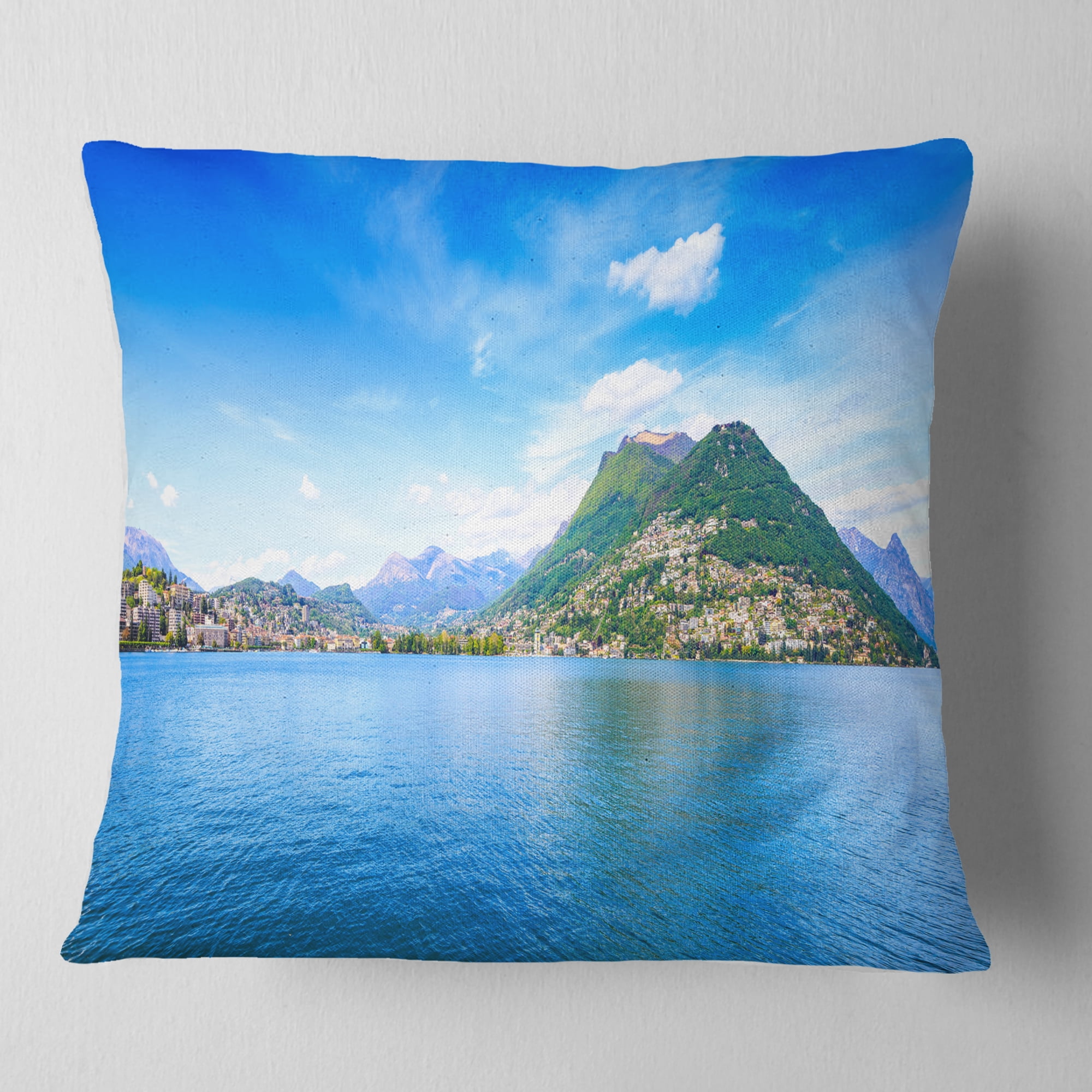 Designart Lugano Lake Ticino Panorama - Seashore Throw Pillow - 18x18