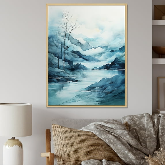 Designart "Lullaby By Mountain Lakes In Minimalism" Minimalism Floater Framed Wall Art Living Room