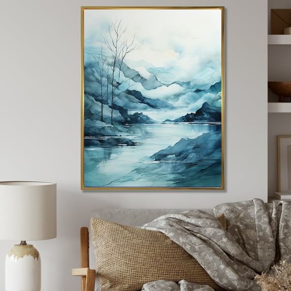 Designart "Lullaby By Mountain Lakes In Minimalism" Minimalism Floater Framed Wall Art Living Room