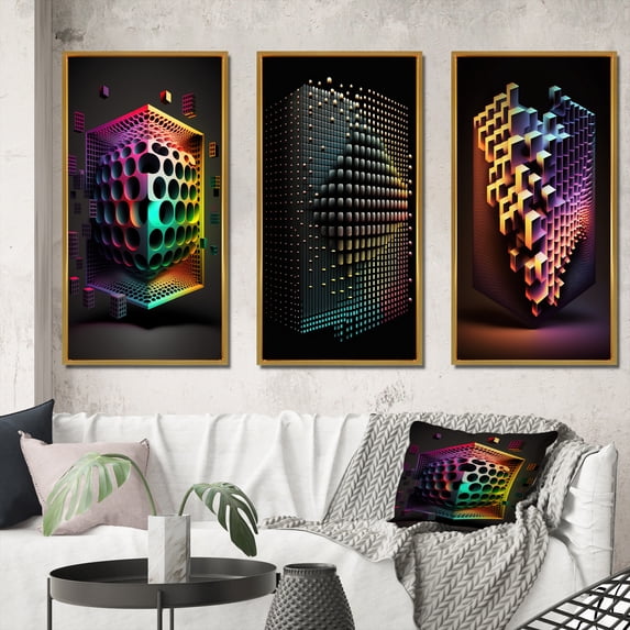 Designart "Luminous Dimensions - A Multidimensional Journey I" Modern Geometric Framed Wall Art Set Of 3 - Black Abstract Geometric Frame Gallery Wall Set For Home Decor