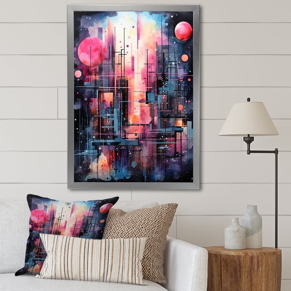 Designart "Luminous Night in Abstract Northern Pink II" Landscapes Framed Wall Art - Traditional Pink Northern Lights Entryway Framed Wall Art