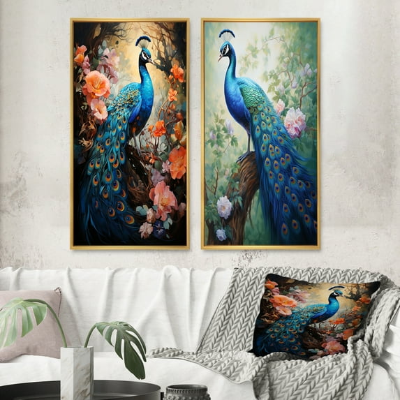 Designart "Luminous Peacock" Peacock Framed Wall Art Set Of 2 - Blue Animals Framed Canvas Set For Living Room Decor