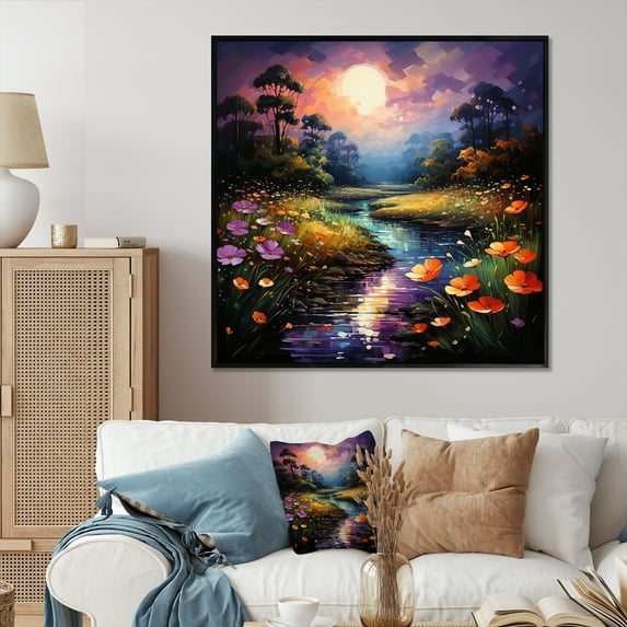 Designart "Luminous Purple Blossoms In The Night I" Abstract Landscape Floater Framed Wall Art Prints