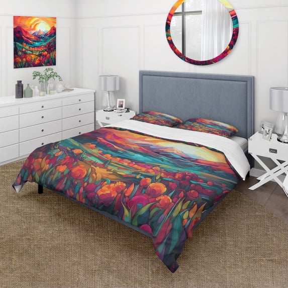 Designart "Luminous Sunset Over Mountain Landscape I" Landscape Mountains Bedding Covert Set - Mountains Orange Landscapes Bed Set With 2 Shams