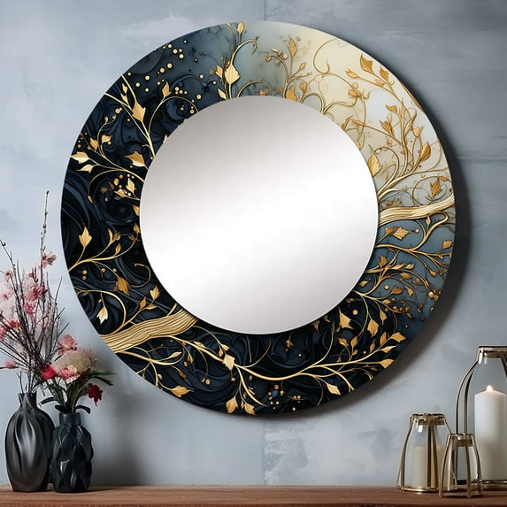 Designart "Luminous Tangle Golden Branch I" Trees Gold Large Round Mirror - Round Mirror Wall Décor - Traditional Round Printed Mirror 29" x 29" Inch