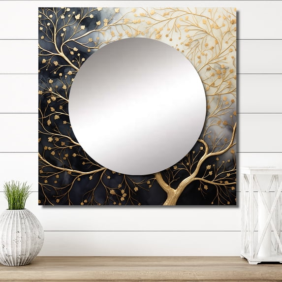Designart "Luminous Tangle Golden Branch II" Tree Monochrome Square Mirror Wall Decor Traditional - Large Gold Square Bathroom Mirror - Square Printed Wall Mirror Art