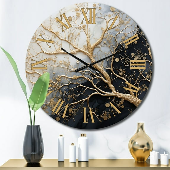 Designart "Luminous Tangle Golden Branch III" Tree Monochrome Oversized Wall Clock
