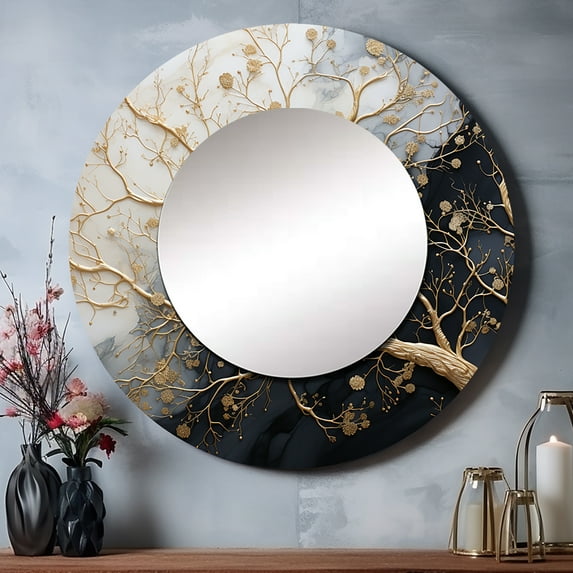 Designart "Luminous Tangle Golden Branch III" Trees Rund Mirror For Wall Decor - Large Gold Round Printed Mirror - Modern Round Mirror 36" x 36" Inch