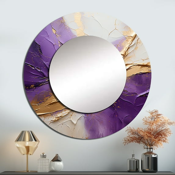 Designart "Lunar Elegance: Gold & Purple" Abstract Spirals Rund Mirror For Wall Decor - Large Beige Round Print Mirror - Round Modern Mirror - Wall Mounted Round Large Mirror - 29" x 29"