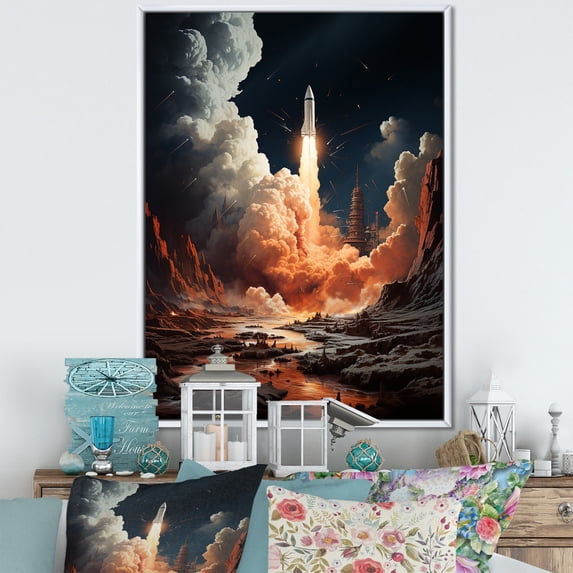 Designart "Lunar Odyssey of a Rocketship" Rocketship Floater Framed Canvas Art Print