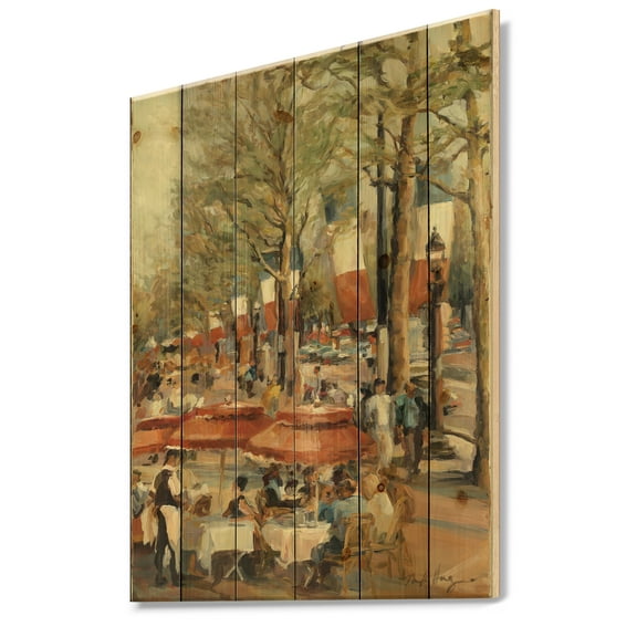 Designart 'Lunch on the Champs Elysees Paris' French Country Print on Natural Pine Wood