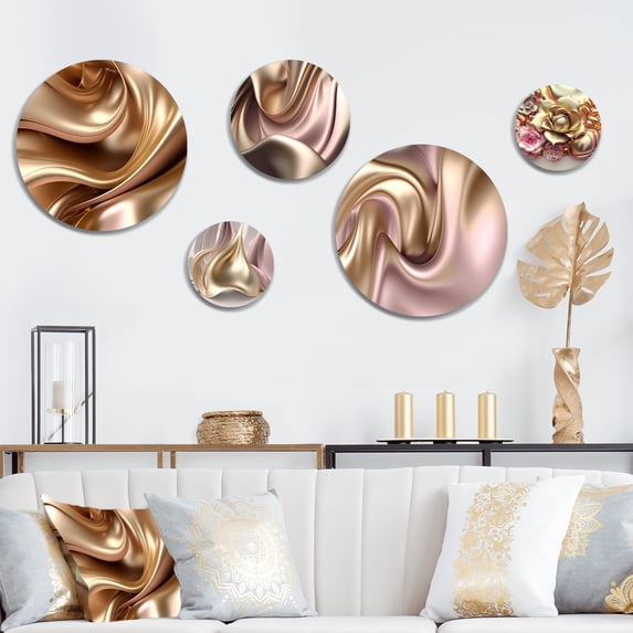 Designart "Luscious Liquid Gold In Subdued Pink And Taupe I" Abstract Liquid Ink Metal Wall Art Set of 5 Piece
