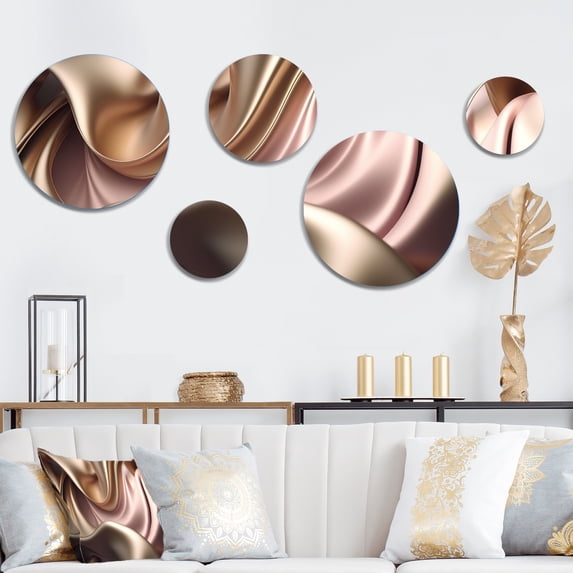 Designart "Luscious Liquid Gold In Subdued Pink And Taupe IV" Abstract Liquid Ink Metal Wall Art Set of 5 Piece
