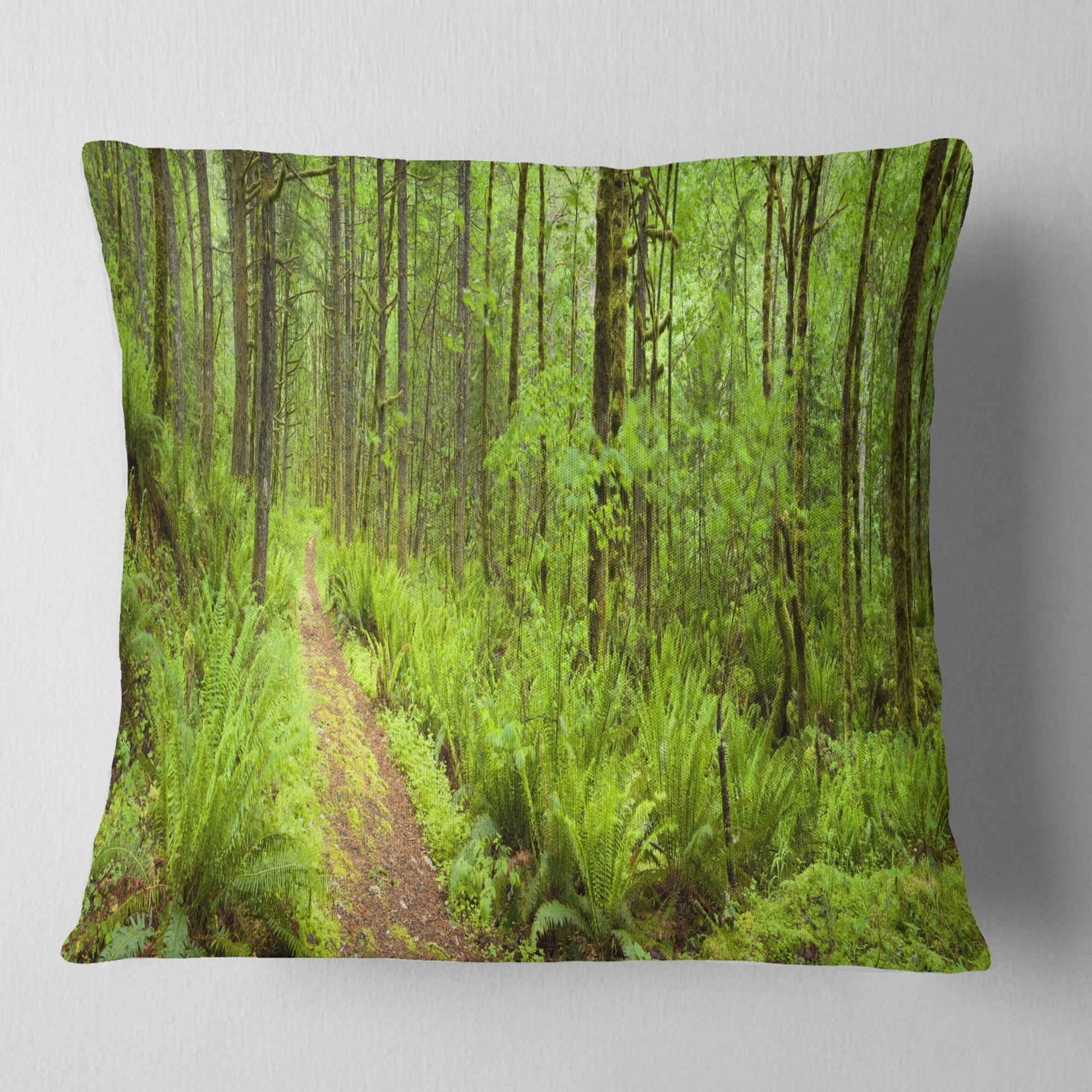 Designart Lush Forest Path Columbia River - Forest Throw Pillow - 18x18
