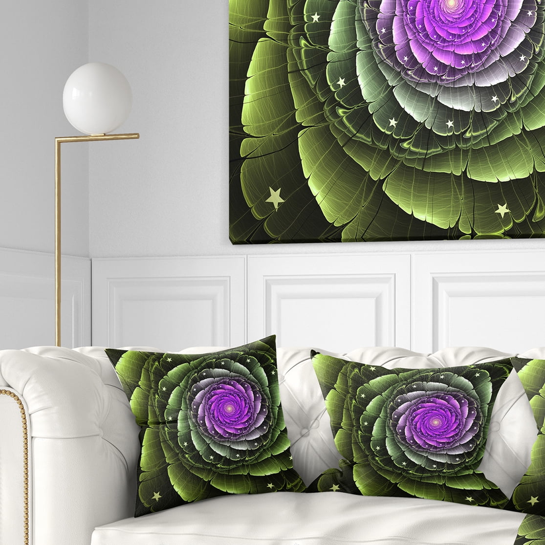 Designart Lush Green and Purple Fractal Flower - Floral Throw Pillow - 16x16