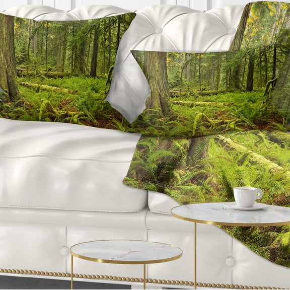Designart Lush Rainforest in Cathedral Grove - Landscape Printed Throw Pillow - 12x20