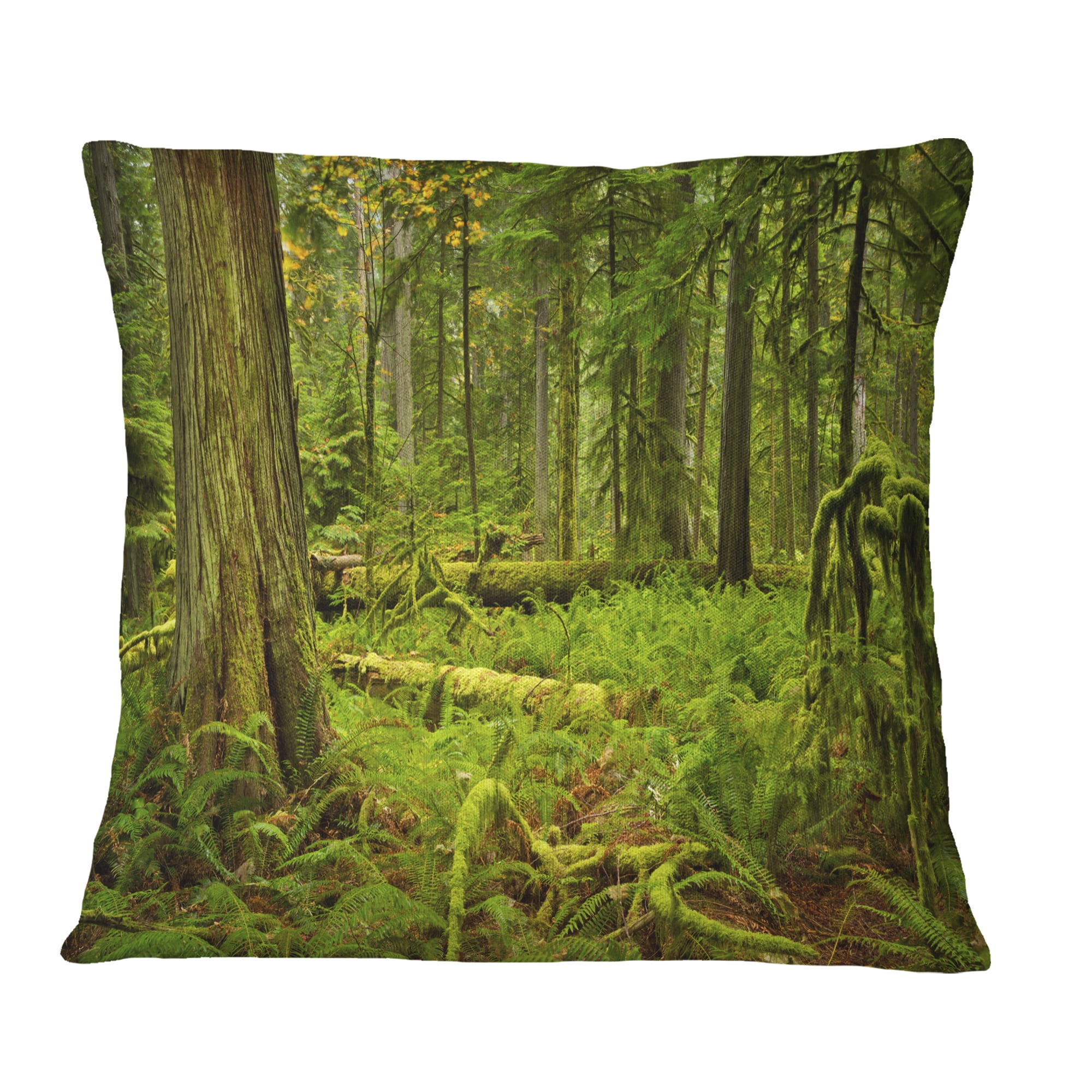 Designart Lush Rainforest in Cathedral Grove - Landscape Printed Throw Pillow - 16x16