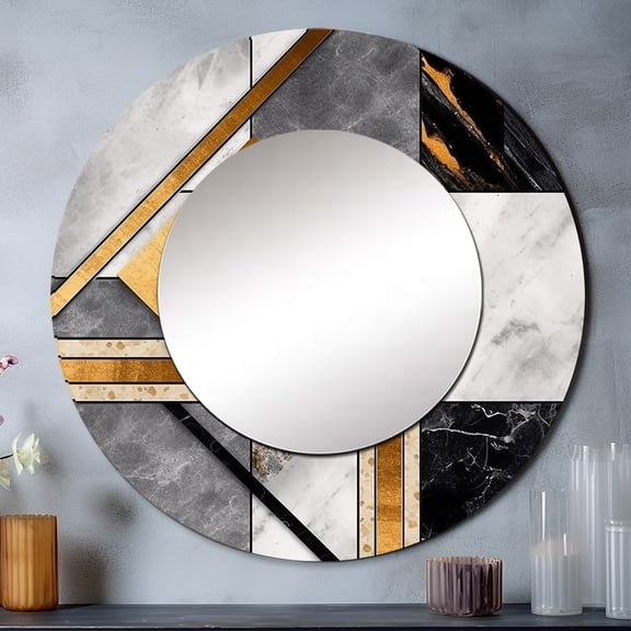 Designart "Luxe Marble Granite Agate with Gold Accents V III" Modern Geometric Grey Large Round Mirror - Round Mirror Wall Décor - Glam Round Printed Mirror 23" x 23" Inch