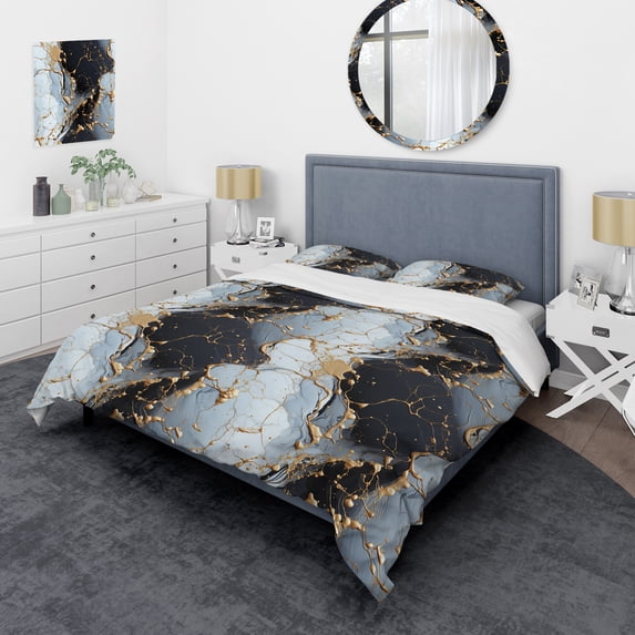 Designart "Luxurious Black And Gold Marble" Marble Bedding Covert Set - Glam Bed Set With 1 Sham