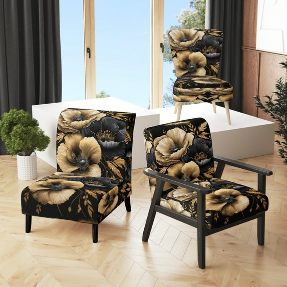 Designart "Luxurious Black and Gold Hibiscus II" Black Floral & Botanical Upholstered Accent Chair - Traditional Arm Chair For Living Room