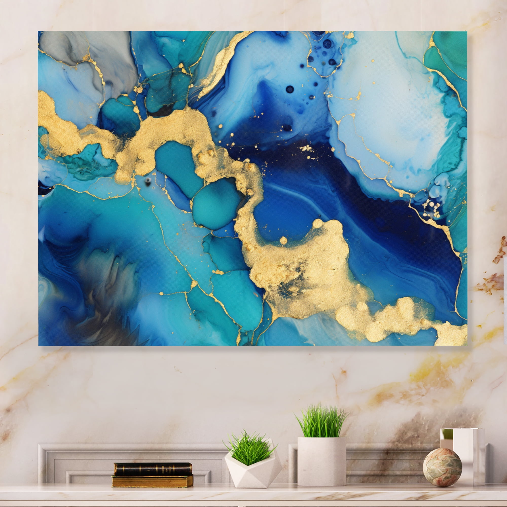 Designart "Luxurious Blue and Gold Abstract Fluid Art V III" Fractals ...