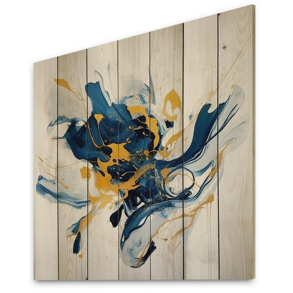 Designart "Luxurious Dark Blue and Gold Strokes XXI" Fractals Print on Natural Pine Wood