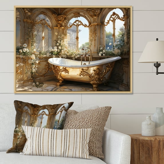 Designart "Luxurious Golden Bathroom III" Bath & Laundry Floater Framed Canvas Print