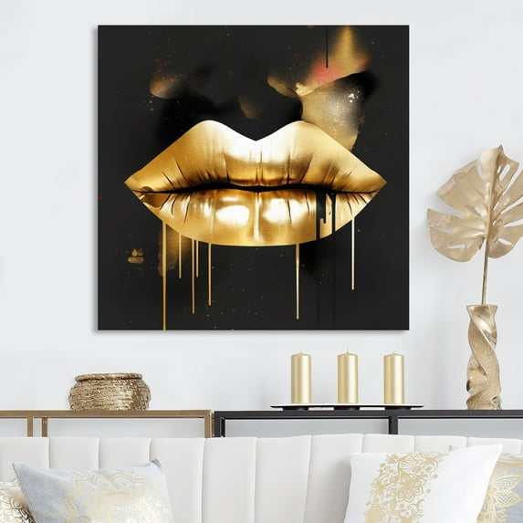 Designart "Luxurious Golden Lips II" Fashion Metal Art Living Room