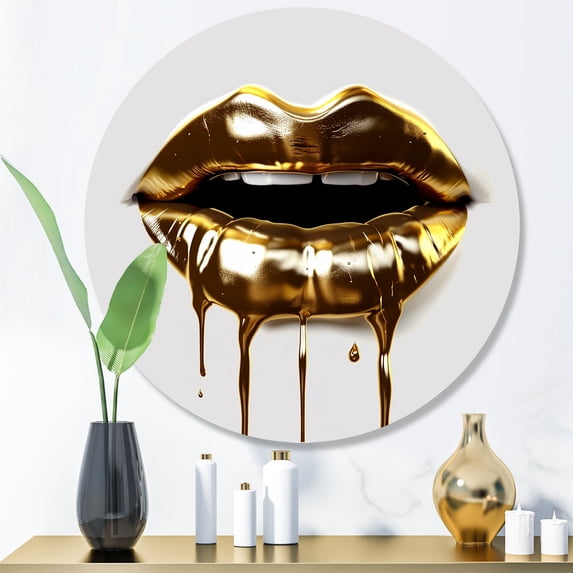 Designart "Luxurious Golden Lips VI" Fashion Metal Round Wall Art