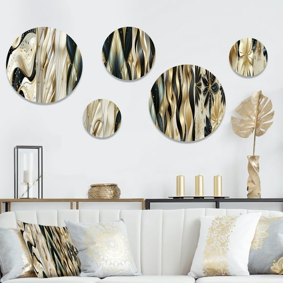 Designart "Luxurious Marble Swirls In Gold And White" Marble Round Wall Art Set Of 5 - Gold Glam For Bedroom Wall Art Set