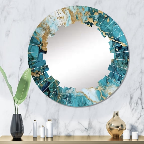 Designart "Luxury Abstract Fluid Art in Turquoise VI" Abstract Round Wall Mirror - Modern Oval Printed Decorative Oversized Mirror - Multiple Color Options