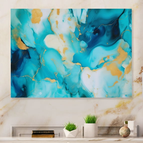 Designart "Luxury Abstract Fluid Art in Turquoise II" Fractals Metal Wall Art