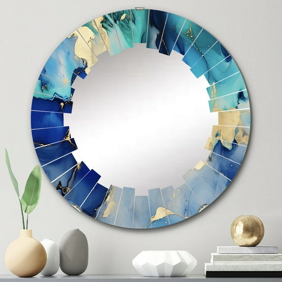 Designart "Luxury Blue and Gold Abstract Fluid Art VII" Fractals Round Wall Mirror - Modern Oval Printed Decorative Oversized Mirror - Multiple Color Options