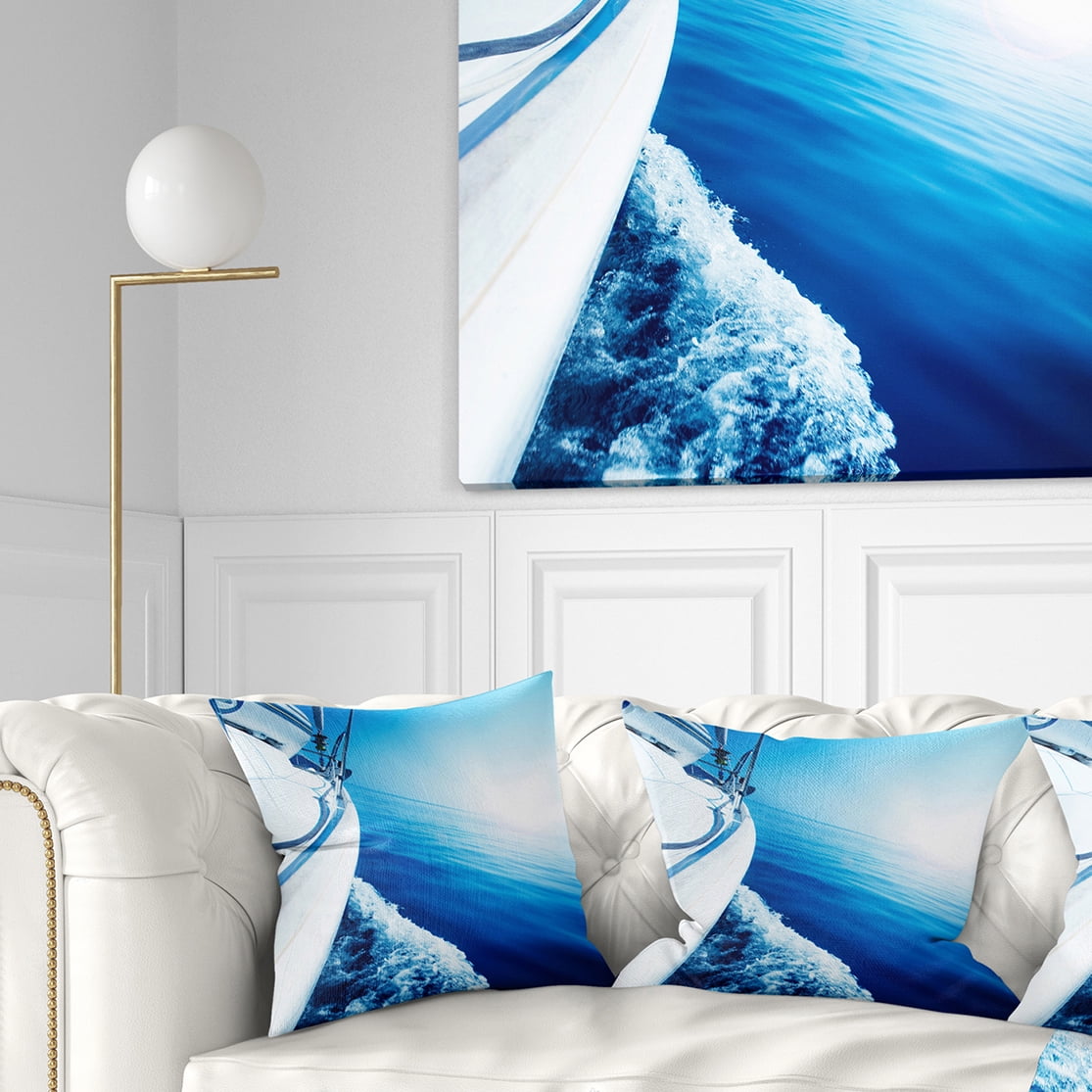 Designart Luxury Yacht Sailing in Blue Sea - Seashore Throw Pillow - 18x18