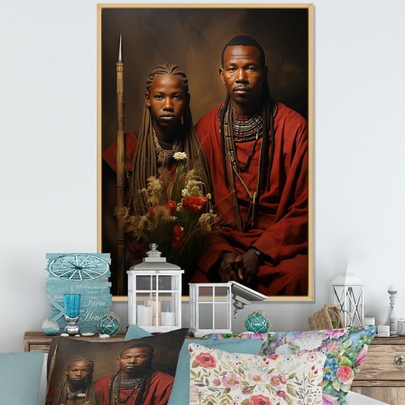 Designart "Maasai Warriors African I" People Framed Wall Art - Global Red African Tribal Hallway Framed Wall Art Decor
