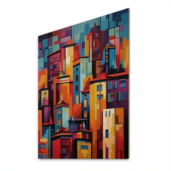 Designart "Madrid Popart City Vibrance I" Cityscapes Print on Natural Pine Wood