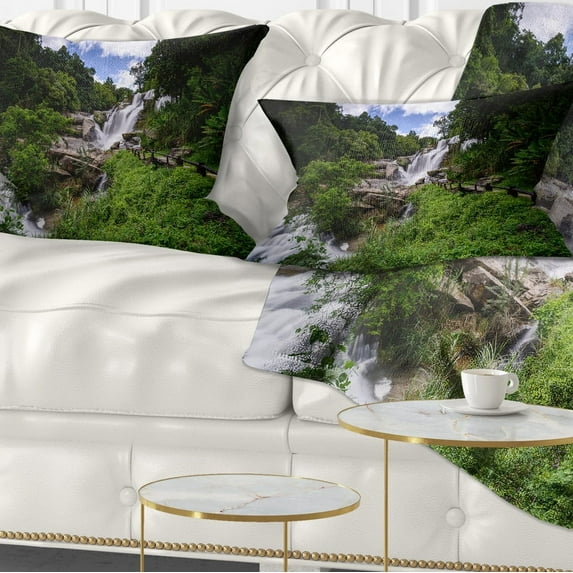 Designart Mae Klang Waterfall Thailand - Landscape Printed Throw Pillow - 12x20