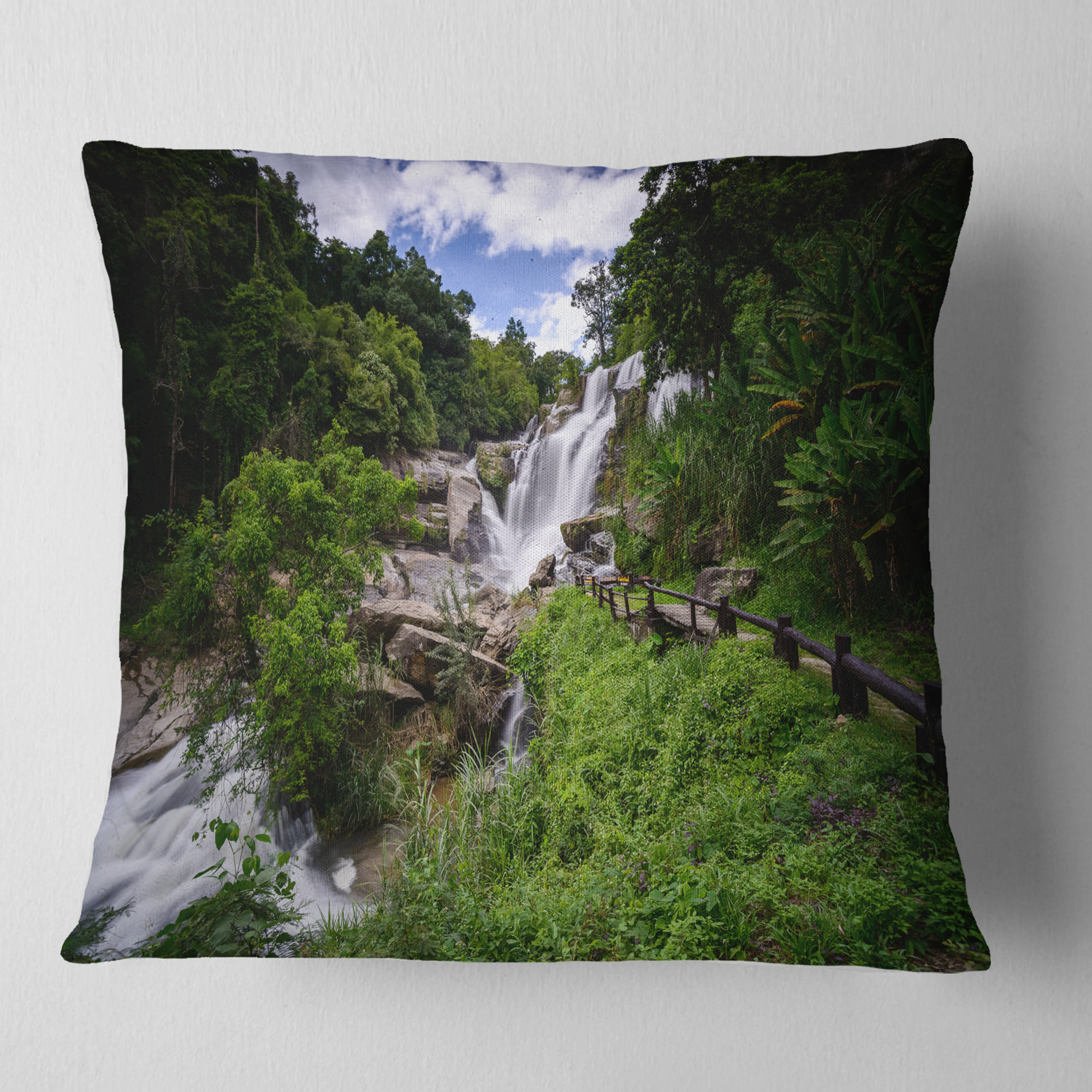 Designart Mae Klang Waterfall Thailand - Landscape Printed Throw Pillow - 18x18